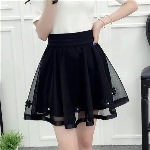 Women Gauze Baggy All-match Elastic Waist A-line Streetwear Mini Skirt