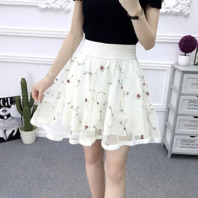 Women Gauze Baggy All-match Elastic Waist A-line Streetwear Mini Skirt