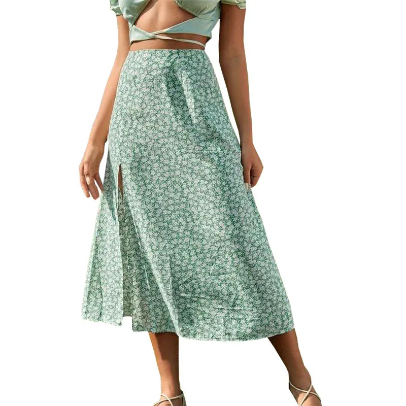 Women Floral Print Split Midi Skirts 2024 A Line High Waist  New Ladies Long Skirt Fashion Streetwear