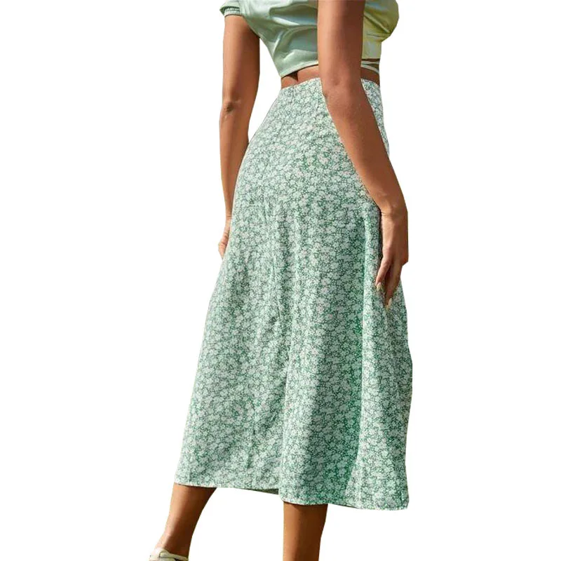 Women Floral Print Split Midi Skirts 2024 A Line High Waist  New Ladies Long Skirt Fashion Streetwear