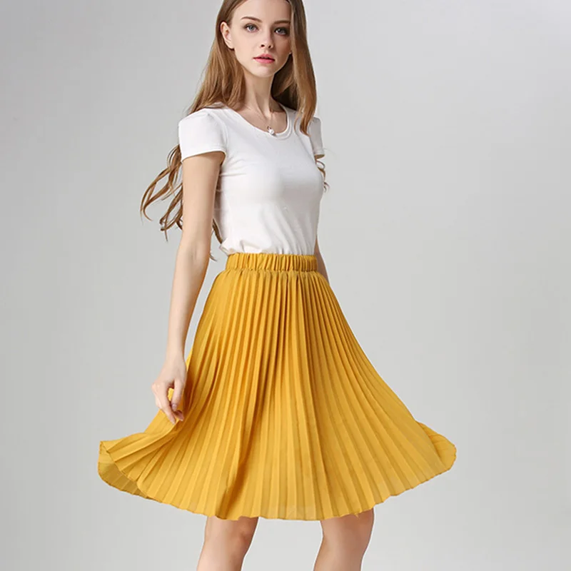 Women Chiffon Pleated Skirt Vintage High Waist Tutu Skirts