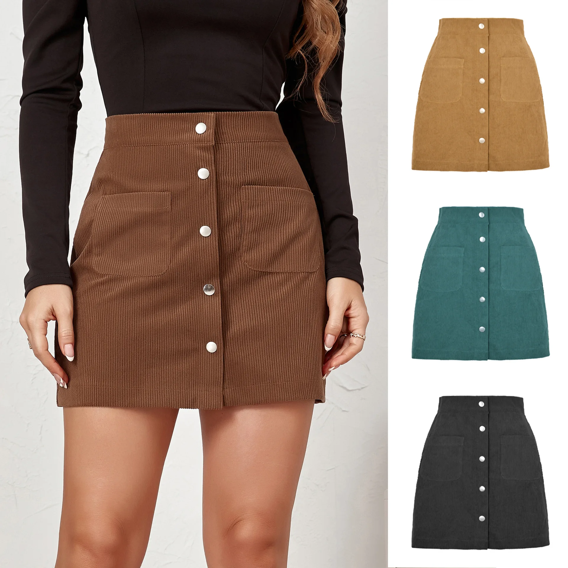 Women Corduroy Button Skirts High Elastic Waist Side Zip Pocket A-Line Mini Skirt
