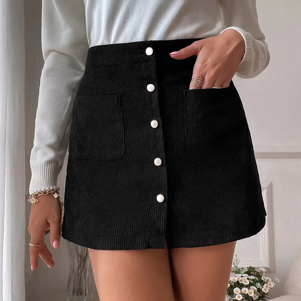 Women Corduroy Button Skirts High Elastic Waist Side Zip Pocket A-Line Mini Skirt