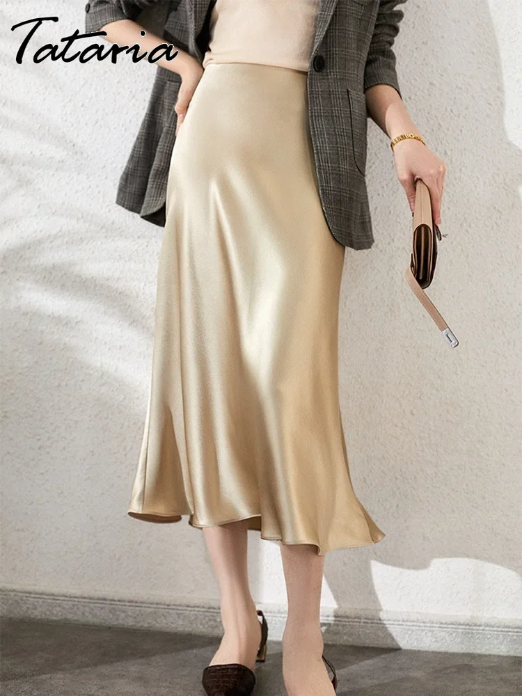 Women Silk Satin Skirts High Waisted A-Line Elegant Skirts Midi Skirt