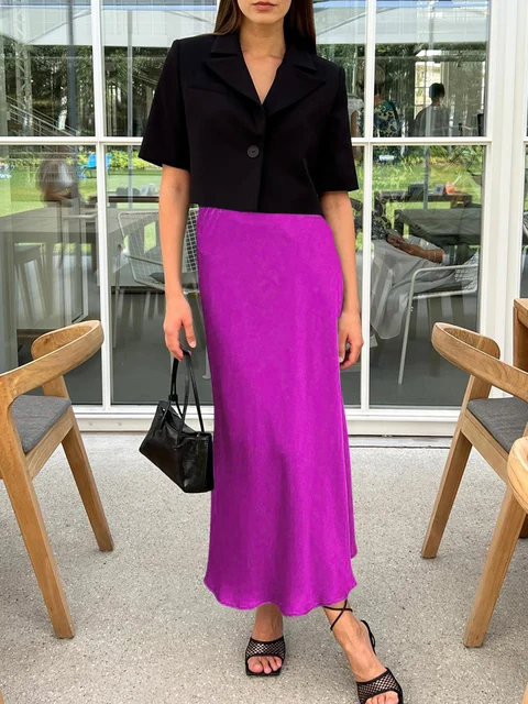 Women Silk Satin Skirts High Waisted A-Line Elegant Skirts Midi Skirt