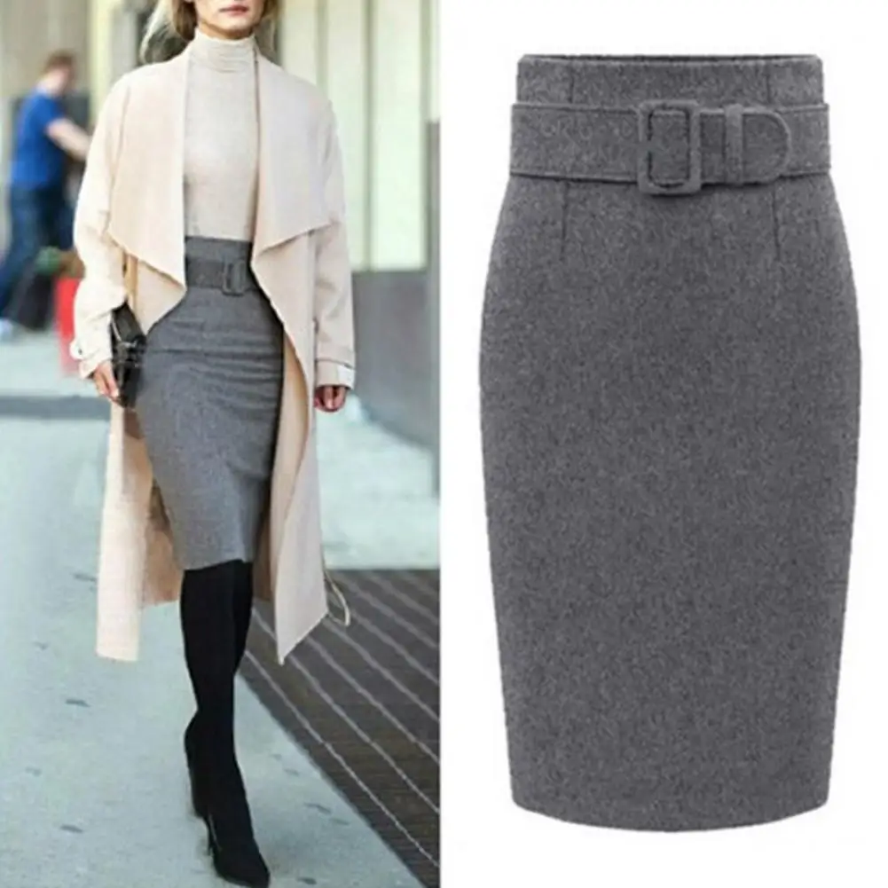 Women High Waist Slim Fit Skirt Knee Length Sheath Tight Waist Warm Thick Lady Midi Skirt