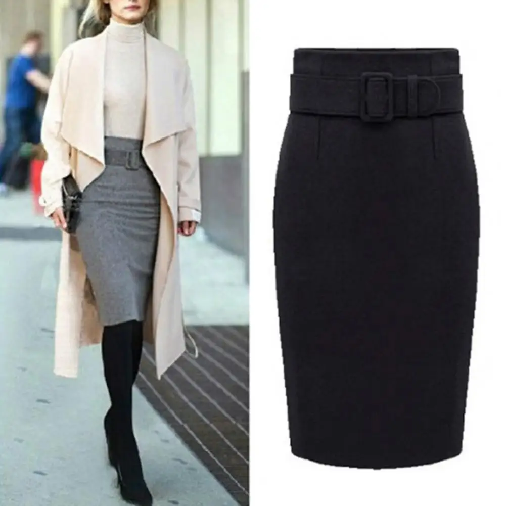 Women High Waist Slim Fit Skirt Knee Length Sheath Tight Waist Warm Thick Lady Midi Skirt