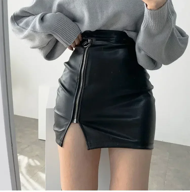 Women Mini Sexy High Waist Package Hip Fashion Pu Faux Leather Split Zipper Short Skirts