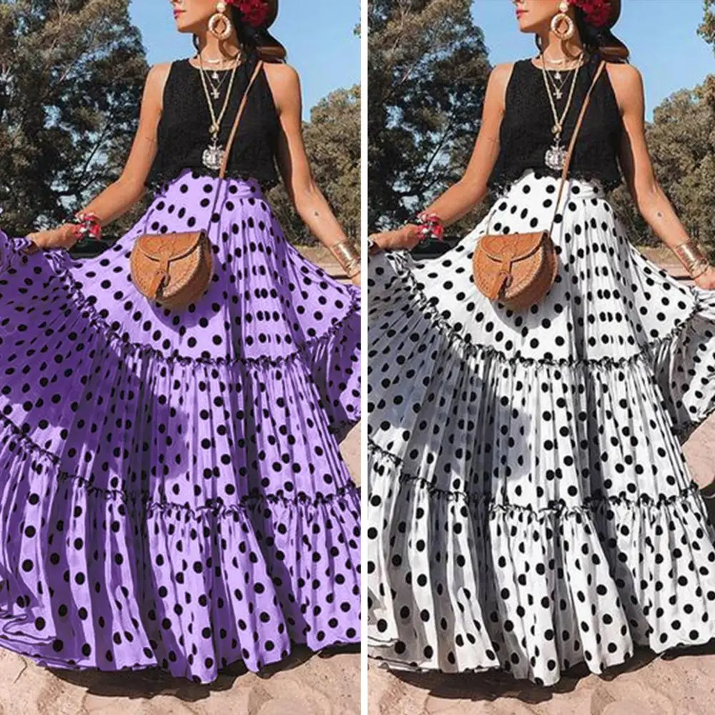 Women Maxi Skirts High Waist Polka Dot Printed  Loose Ruffled Long Pleated Skirts Elegant  Streetwear