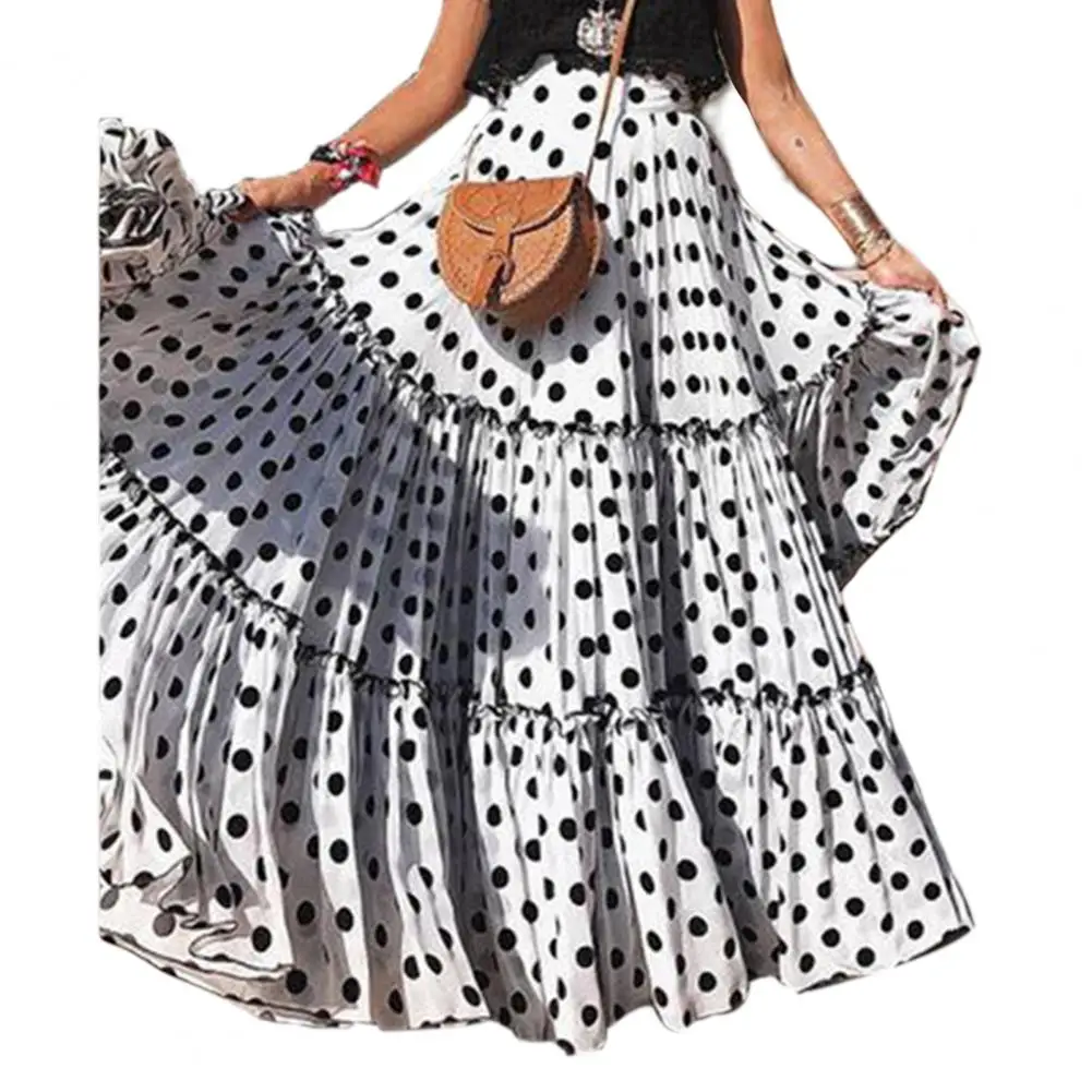 Women Maxi Skirts High Waist Polka Dot Printed  Loose Ruffled Long Pleated Skirts Elegant  Streetwear