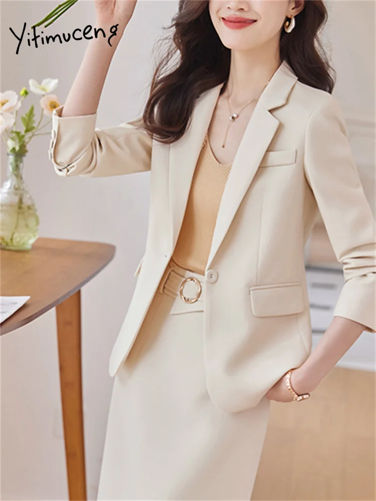 Women Single Button Turn Down Collar Blazers Elegant Midi Skirt Suits 2Piece Set