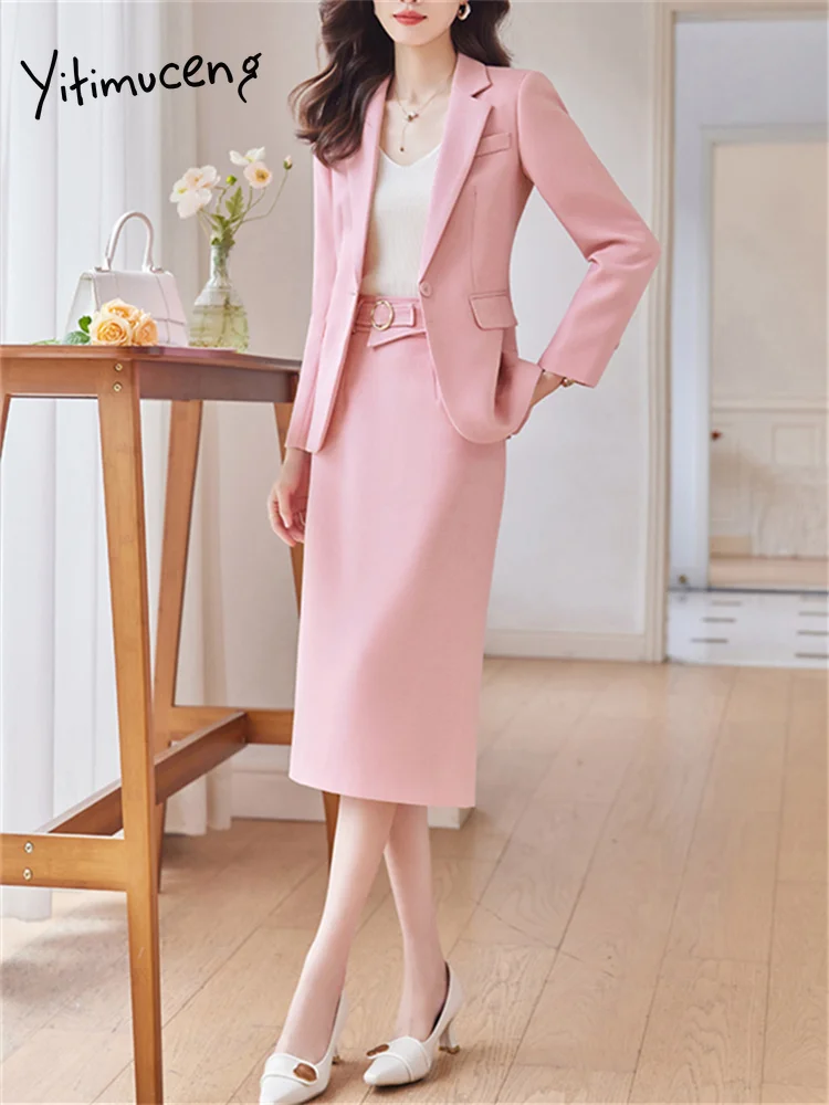 Women Single Button Turn Down Collar Blazers Elegant Midi Skirt Suits 2Piece Set