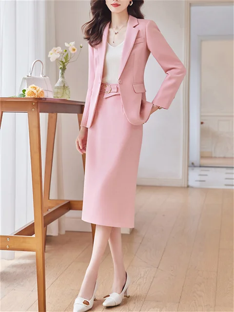 Women Single Button Turn Down Collar Blazers Elegant Midi Skirt Suits 2Piece Set