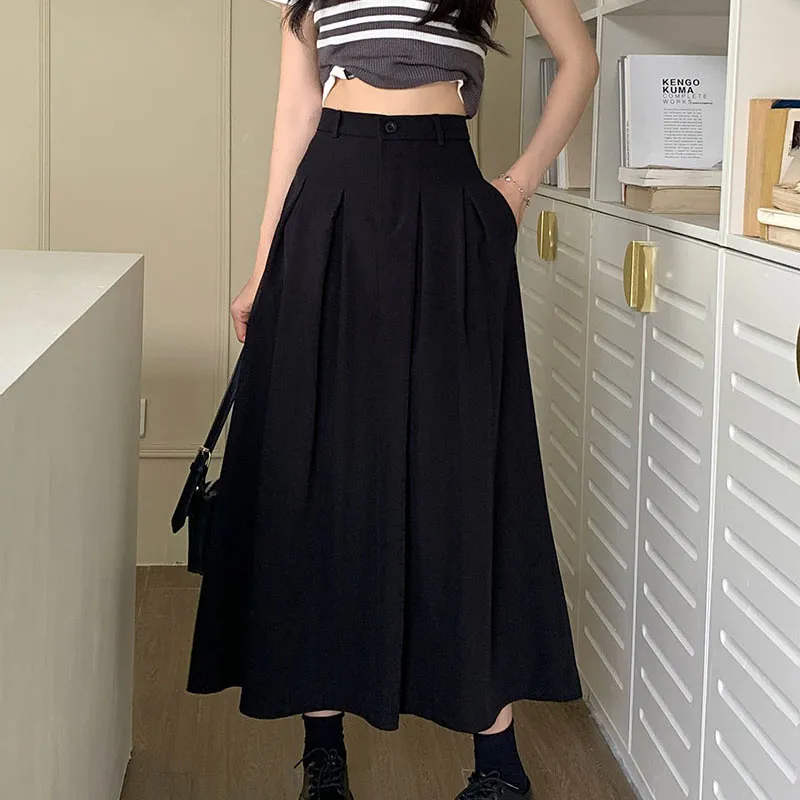 Women Elegant Long Suits Skirts Pockets OL Casual Loose A-Line High Waist Midi Skirt
