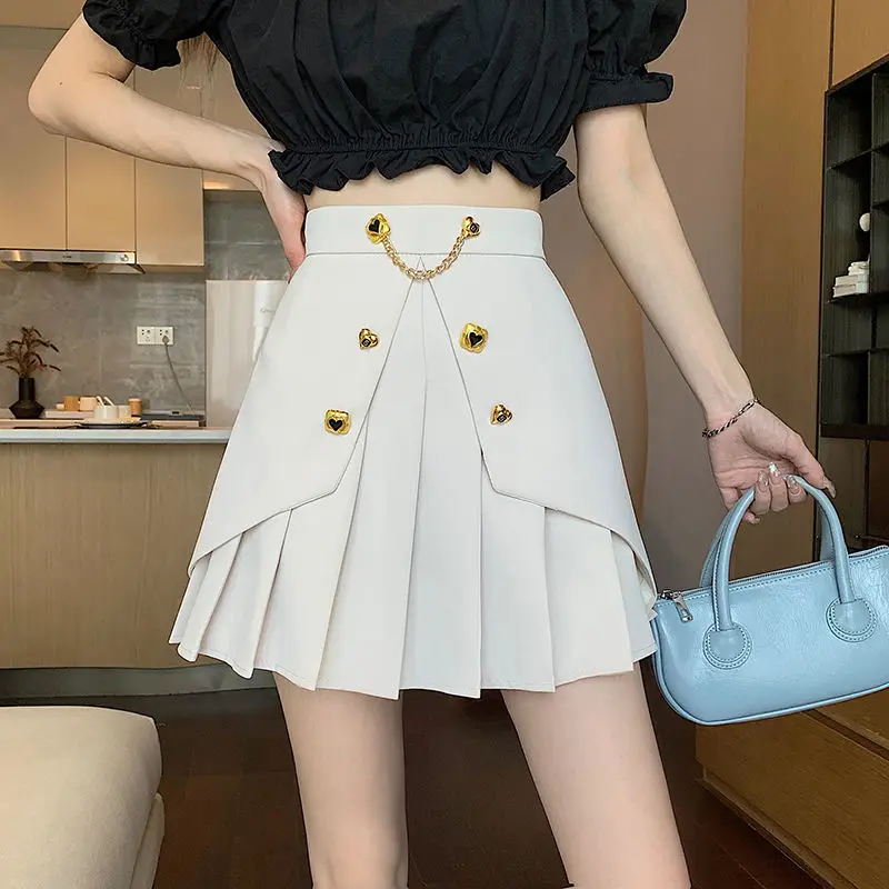 Women Solid Chain Slim Pleated Skirt New Fashion Streetwear A-line Black White High Waist Mini Skirts