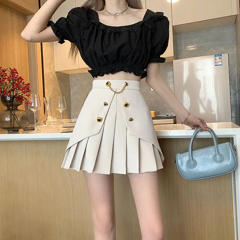 Women Solid Chain Slim Pleated Skirt New Fashion Streetwear A-line Black White High Waist Mini Skirts