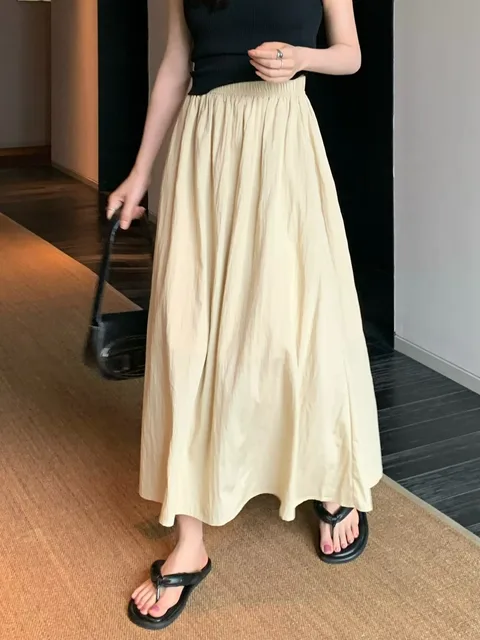 Women Long Skirts Folds Design Elegant Simple All-match High Waist Clothes