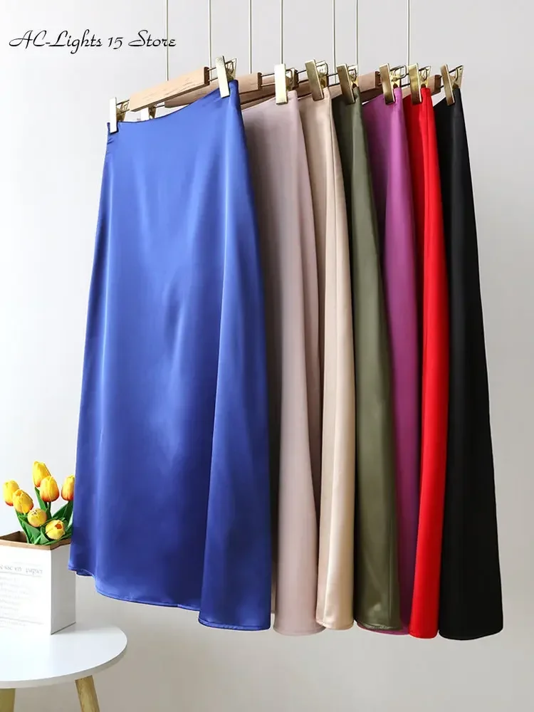 Summer Women's Satin Skirt Elegant Purple A Line Shiny Skirt High Waist Mid-length Skirts Red Office Long Skirts for Womans