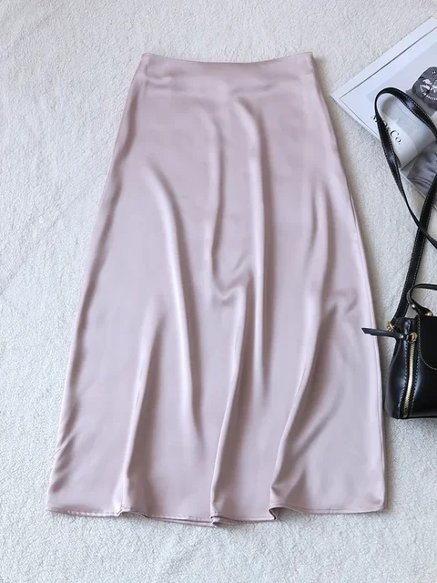 Summer Women's Satin Skirt Elegant Purple A Line Shiny Skirt High Waist Mid-length Skirts Red Office Long Skirts for Womans