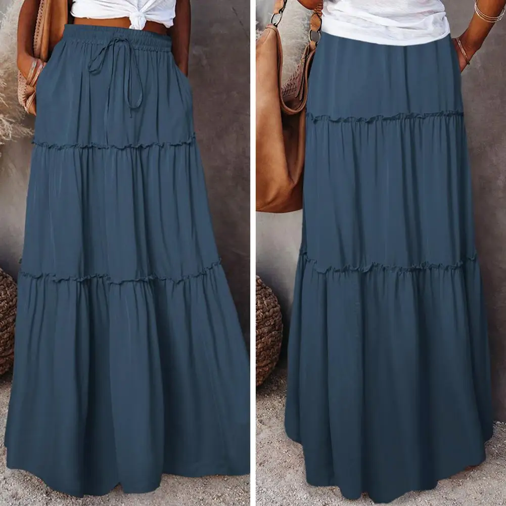 Fashion High Waist Long Solid A-Line Skirt Women Casual Beach Faldas Female Boho Elastic Waist Holiday Party Maxi Skirt