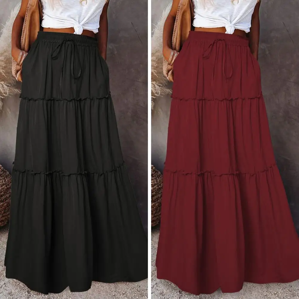 Fashion High Waist Long Solid A-Line Skirt Women Casual Beach Faldas Female Boho Elastic Waist Holiday Party Maxi Skirt