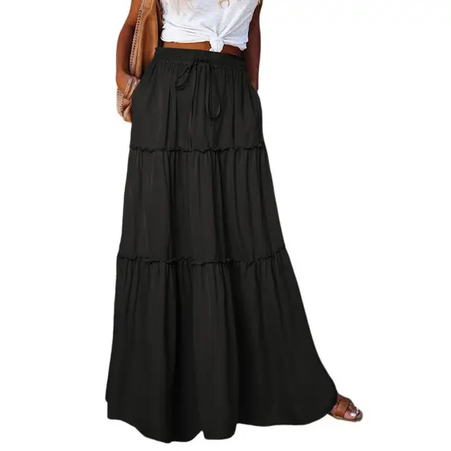 Fashion High Waist Long Solid A-Line Skirt Women Casual Beach Faldas Female Boho Elastic Waist Holiday Party Maxi Skirt