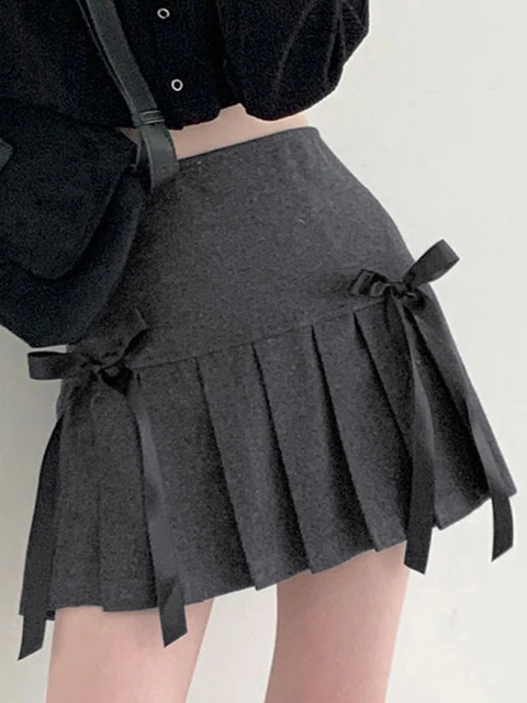 Mini Skirts Women Vintage Preppy Style Pleated Skirt Sweet Bow High Waist Skirts Female Y2K Hot Girl Short Faldas Para Mujeres