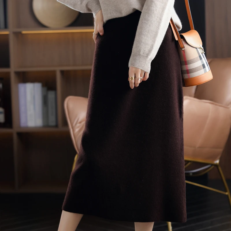 Autumn Winter 100%Pure Wool Knit Long Skirt Women Casual Thick Korean High Waist Pack Hip Cashmere Wild A-Line Skirt