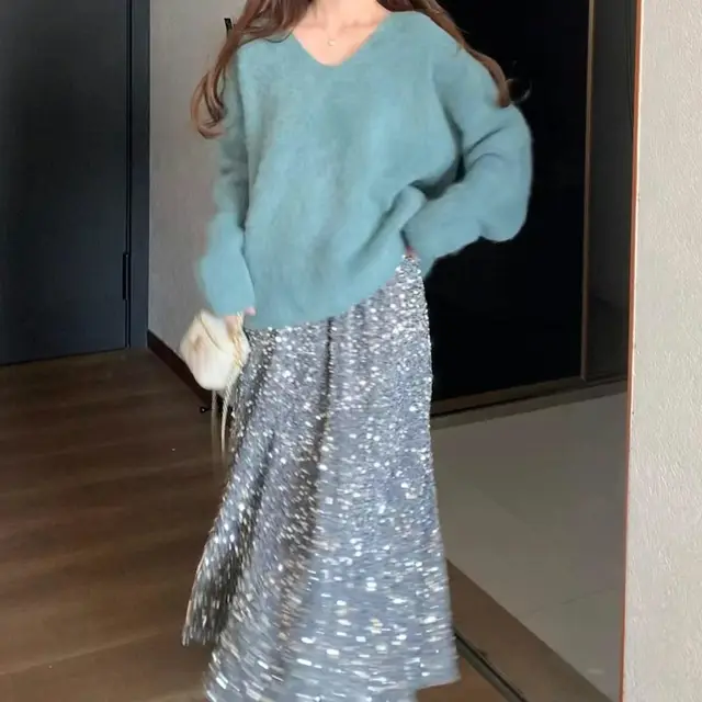 Korean Temperament Solid Color Sequined Midi Skirt Autumn Winter Loose Fashion Elastic High Waist All-match Skirts for Female
