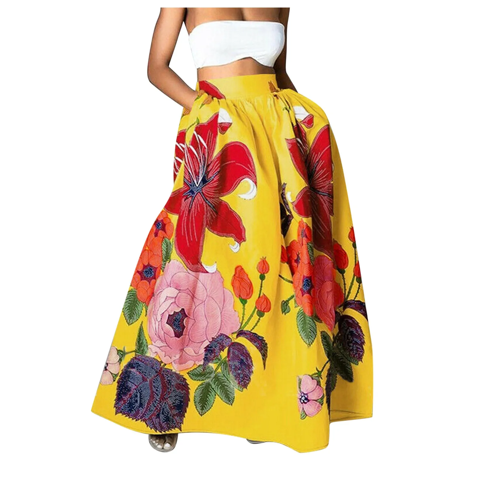 Bohemian Floral Print Skirts For Women Long Length High Waist Party Beach Pocket Maxi Skirt
