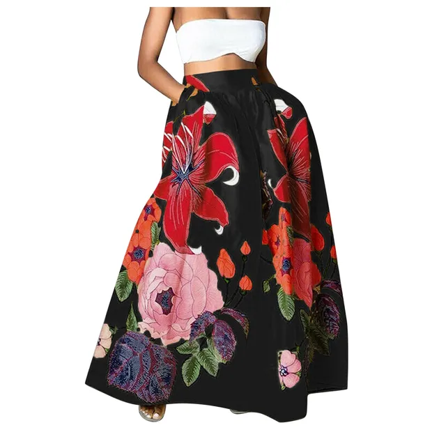 Bohemian Floral Print Skirts For Women Long Length High Waist Party Beach Pocket Maxi Skirt