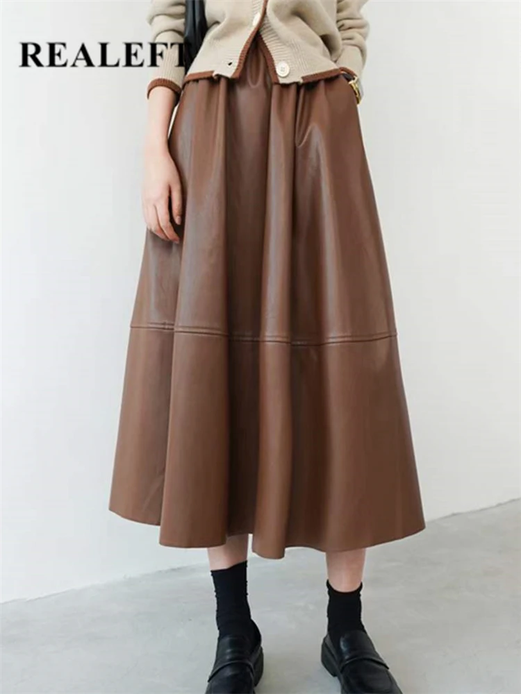 Autumn Winter Black PU Leather Women's Long Skirts Pockets  High Waist A-line Skirts Chic Umbrella Skirts Female