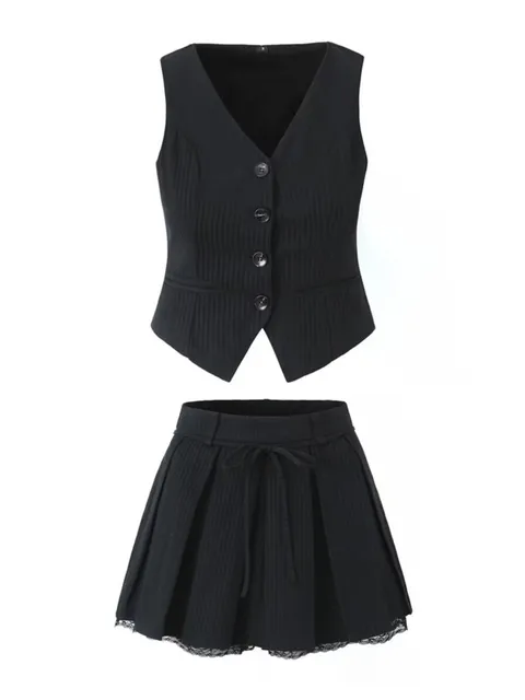 Spring Elegant Women Lace Hem Patchwork Pleated Skirt Zipper Side Bow Tied A Line Mini Skirt Female Y2K Bottoms