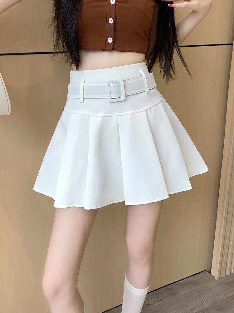 Zoki Japan Sweet Belt White Pleated Skirt Women Sexy High Waist Mini Skirt Summer Preppy Style Female Casual A Line Pink Skirt