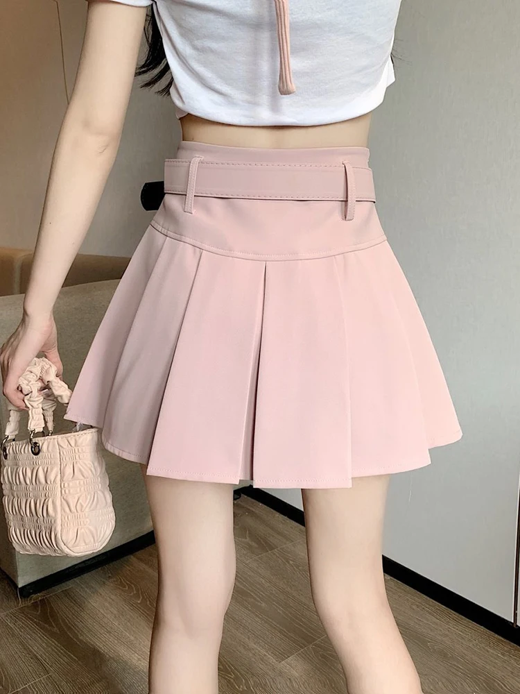 Zoki Japan Sweet Belt White Pleated Skirt Women Sexy High Waist Mini Skirt Summer Preppy Style Female Casual A Line Pink Skirt