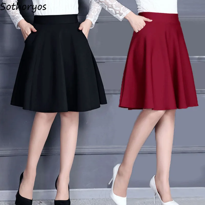 Skirts Women Popular M-3XL Pleated Solid Pocket Elastic Waist Middle Skirt Trendy All-match Office Lady Skin-friendly Elegant