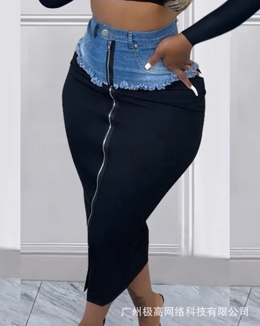 Denim Patch Zipper Design Maxi Skirt Women High Waist Sexy Spring Summer Skirt Fashion Bottom