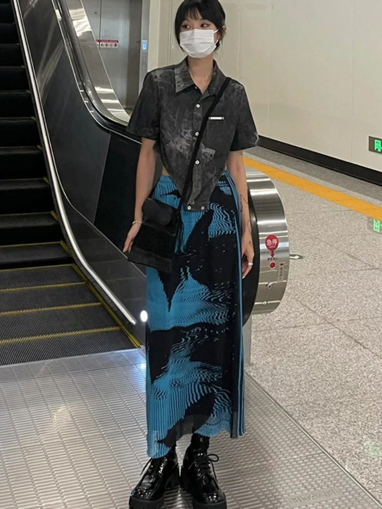 Vintage Moda Black Blue Butterfly Print Faldas Chinese Style Tie Dye Skirt Gothic Streetwear High Waist Loose Casual Falda