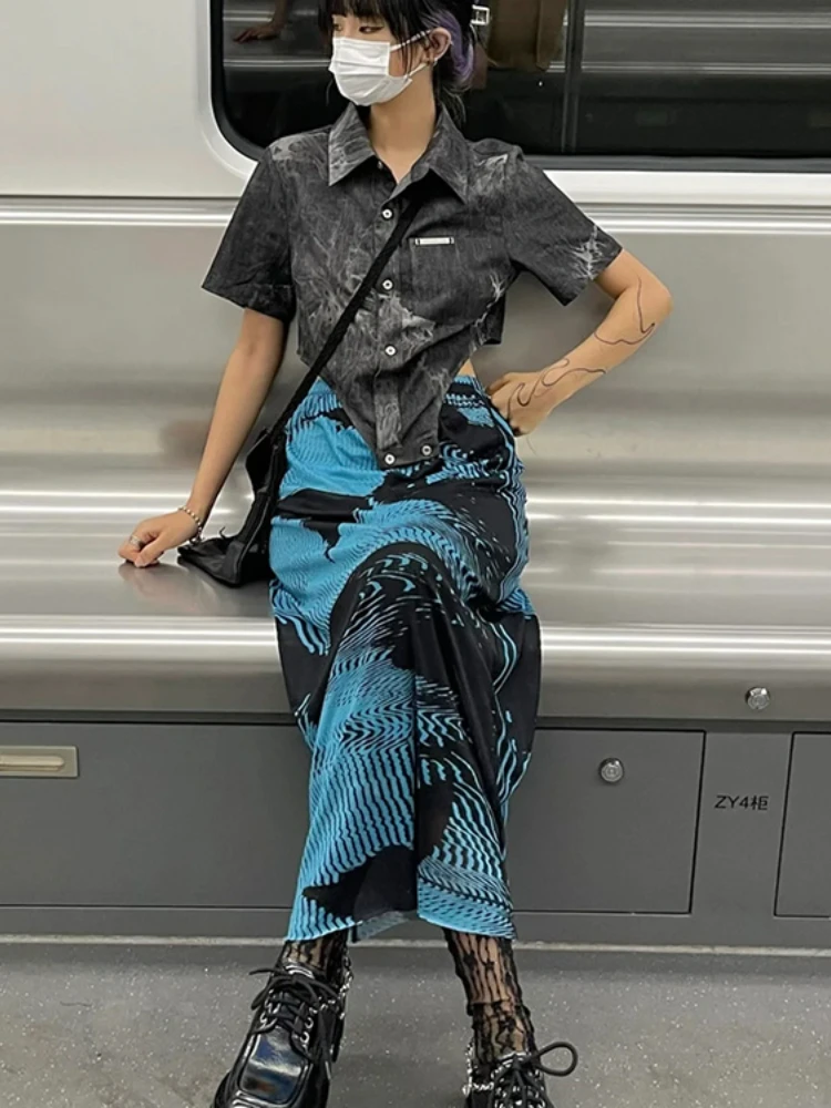Vintage Moda Black Blue Butterfly Print Faldas Chinese Style Tie Dye Skirt Gothic Streetwear High Waist Loose Casual Falda