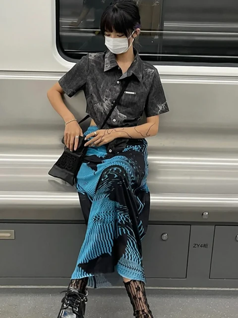 Vintage Moda Black Blue Butterfly Print Faldas Chinese Style Tie Dye Skirt Gothic Streetwear High Waist Loose Casual Falda