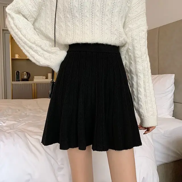 Women Style Sexy Pleated High Waist Knitted Mini Skirt Casual Harajuku Slim Fit Solid Street Skirts