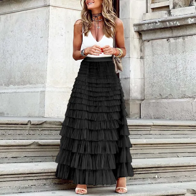 Casual Womens Solid Ball Gown Long Skirt Tulle High Waist Pleated Tutu Skirt Elegant Ladies Wild Mesh Dating Maxi Skirts Drop