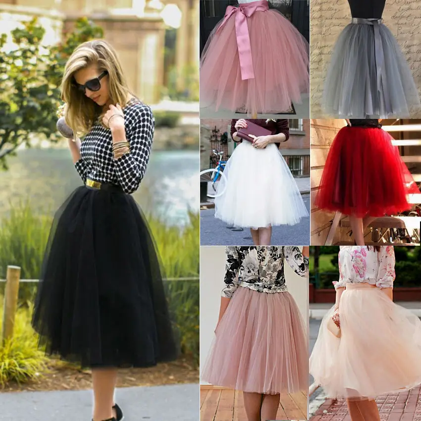 7 Layers Midi Tulle Skirt for Girls Fashion Tutu Skirts Women Solid Lace Ball Gown Party Petticoat Lolita faldas saia jupe