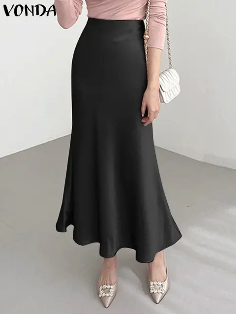 Summer Maxi Skirt Elegant Satin Women High Waist Solid Color Bottoms Pleated Casual Loose Streetwear Long Skirts