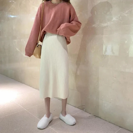 Women Empire Long Thick Skirts Elegant Trendy Casual All-match Harajuku Soft Elastic Waist A-line Knitted Skirt