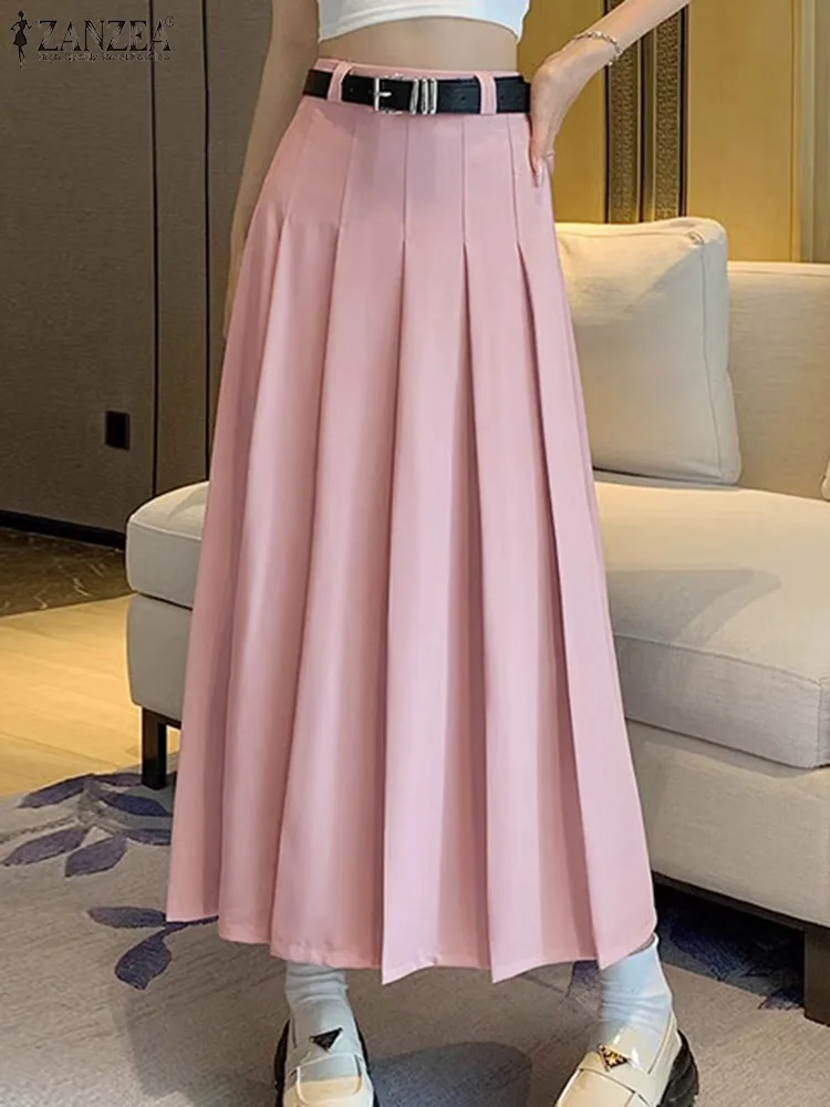 Vintage Solid Long Skirts Fashion Women Pleating Maxi Jupes  Casual High Waisted Faldas  Summer A-line Basic Skirts