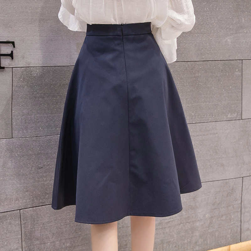 Spring  Women Midi Skirt Chic Single-breasted A-Line High Waist Skirts Ladies Summer Vintage Casual Umbrella Skirt