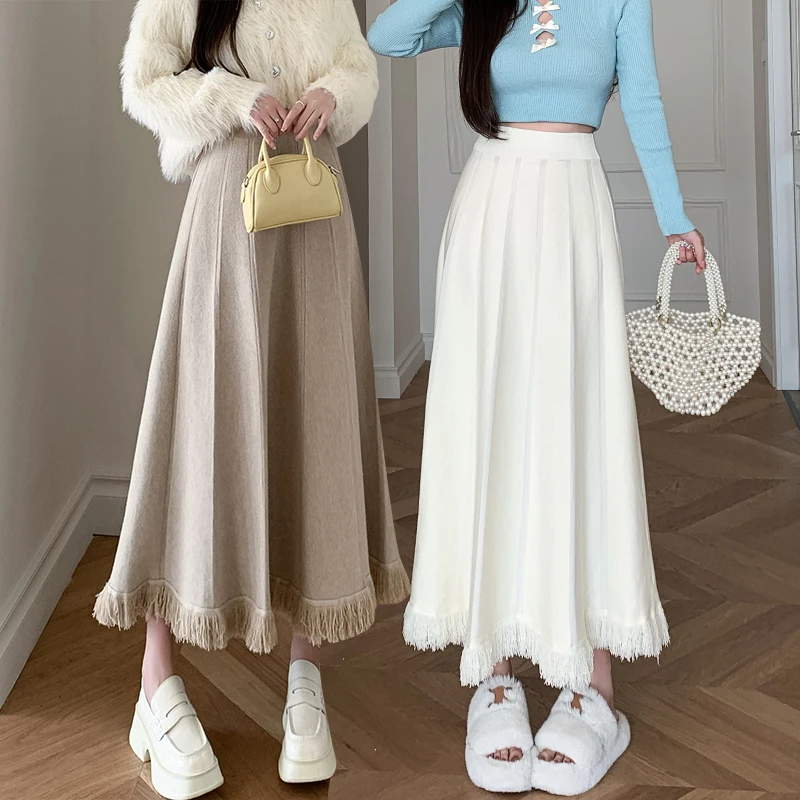 Frenchic Long Skirts Women Knitted Tassel Patchwork Female Pleated Skirt Faldas Ajustadas Ladies Autumn Elegant Skirt