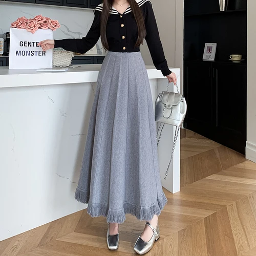 Frenchic Long Skirts Women Knitted Tassel Patchwork Female Pleated Skirt Faldas Ajustadas Ladies Autumn Elegant Skirt
