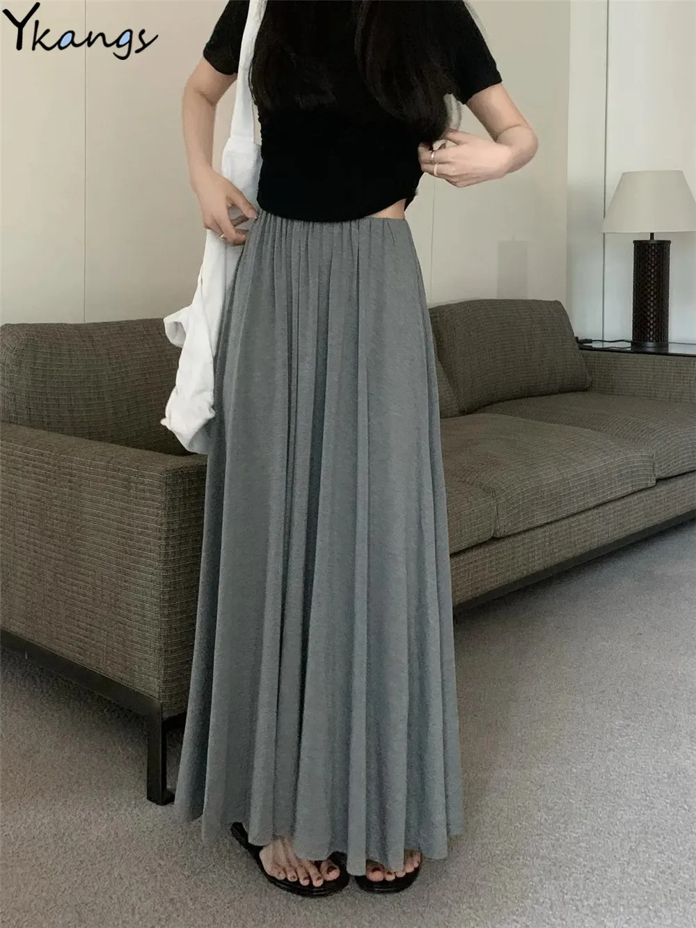 Basic Casual Elastic High Waist Maxi Skirts Women Solid Simple Black Clothes Pleated Long Skirt Korean Elegant Cheap Falda Saia